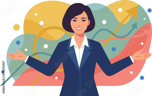 Successful smiling businesswoman in suit presenting financial growth data with abstract colorful charts and rising arrows for business strategy