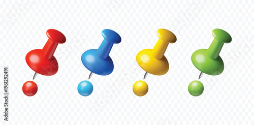 Realistic colorful drawing push pins, Thumbtack Set, stationery PNG for office boards, school notices, isolated on Transparent Background Vector Illustration