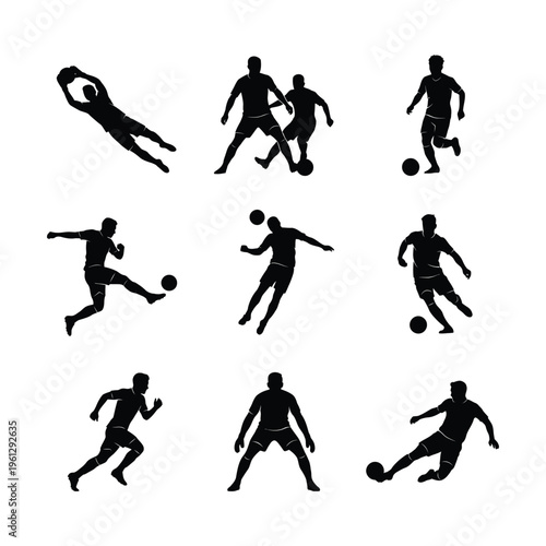 Soccer Player Position Silhouettes Set - Professional Football Action Poses - Goalkeeper, Striker, Midfielder, and Defender Icons - Black Vector Style on White Background