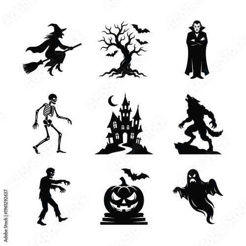 Halloween Silhouette Vector Set- Witch, Vampire, Ghost, Zombie, and Spooky Elements
