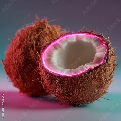 Fresh coconut halves with pink neon glow on vibrant background