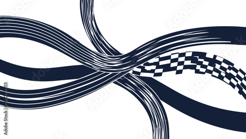 Racing speed lines with checkered flag pattern, dynamic automotive motion trails vector, navy blue flowing stripes for sports branding