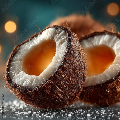 Fresh coconut halves with water on dark reflective surface under warm lighting