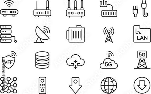 network and internet technology icon collection, minimalist router, server, cloud computing, and connectivity symbols in clean line art design, technology and digital motif for logo branding IT illust