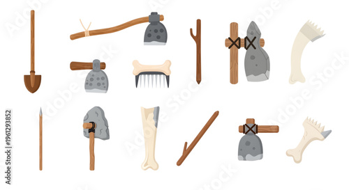 Hand-drawn cartoon primal tools: stone axe, bone comb, spear, shovel collection, A set of cartoon-style primitive, prehistoric tools including stone axes, bone items, a spear, and a shovel.