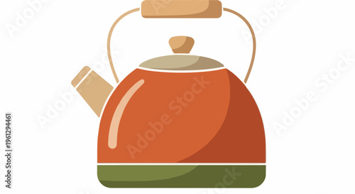 A traditional red ceramic teapot with a matching cup and clay pottery handle sits isolated as a hot kitchenware object for a white tea beverage