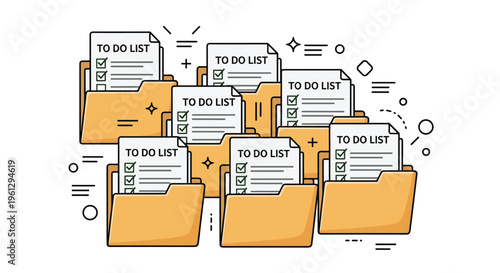 Productivity and organization concept showing multiple orange file folders each containing a white to-do list with green checkmarks.