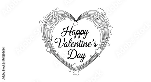 Beautiful Happy Valentine's Day message enclosed within an intricate heart-shaped frame made of flowing lines and small delicate hearts.