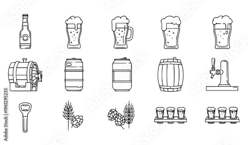 Beer vector line art icon set – bottles, foaming glasses, kegs, and cans isolated on white