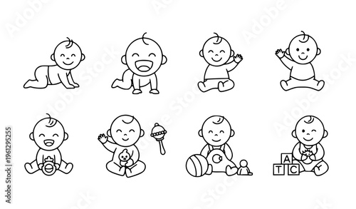 Happy baby vector icons – cute line art illustrations of babies isolated on white