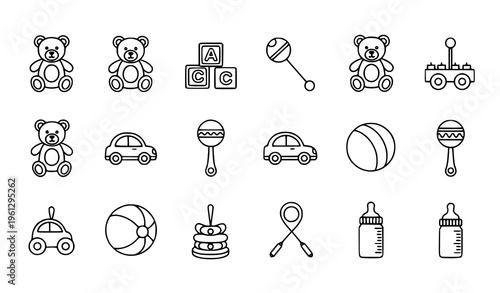 Cheerful children’s line art icons – toys, sports, and baby items vector set isolated on white