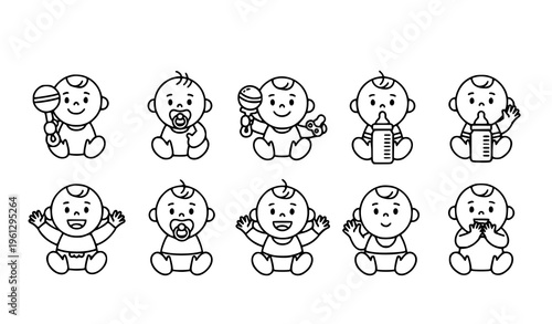 Cute happy baby line art vector icons – ten minimalist baby illustrations on white background