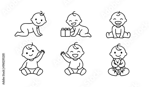 Happy baby line art icons vector – cute minimalist 2D illustrations isolated on white