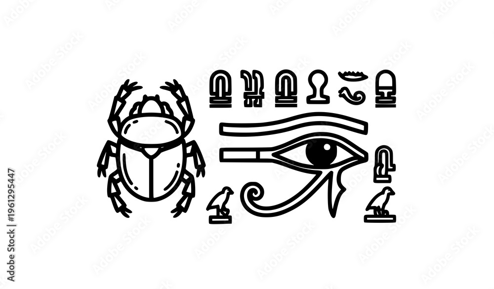 Fototapeta premium Ancient Egyptian symbols vector illustration with scarab beetle, Eye of Horus, and hieroglyphs isolated on white