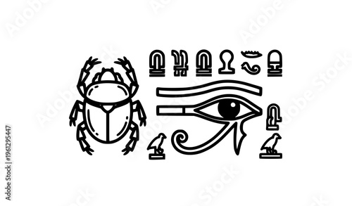 Ancient Egyptian symbols vector illustration with scarab beetle, Eye of Horus, and hieroglyphs isolated on white
