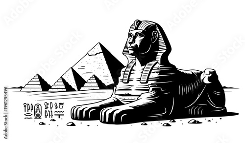 Ancient Egyptian Sphinx lion silhouette vector with pyramid and hieroglyphics isolated on white