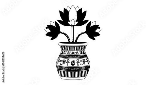 Egyptian lotus plant in ceremonial pot vector illustration with hieroglyph motifs isolated on white