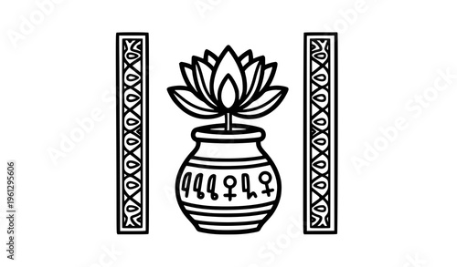 Hand-drawn Egyptian lotus flower in pot vector illustration with hieroglyphs and ornament isolated on white