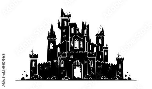 Desolate ruined royal castle silhouette vector illustration flat icon isolated on white