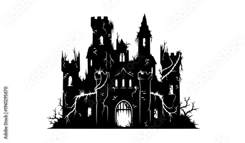 Creepy abandoned ruined castle silhouette vector illustration isolated on white background
