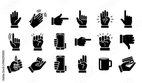 Black hand gesture glyph icons vector set – 20 flat minimal illustrations isolated on white
