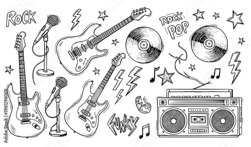 Rock and pop music festival doodle vector illustration with guitars, microphones, vinyl, and funky notes