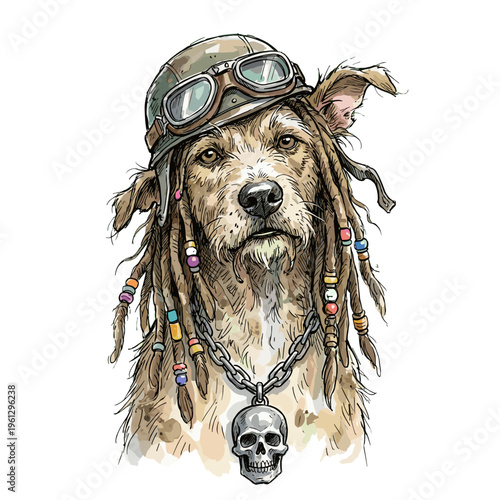 Dog wearing goggles and dreadlocks with skull necklace  