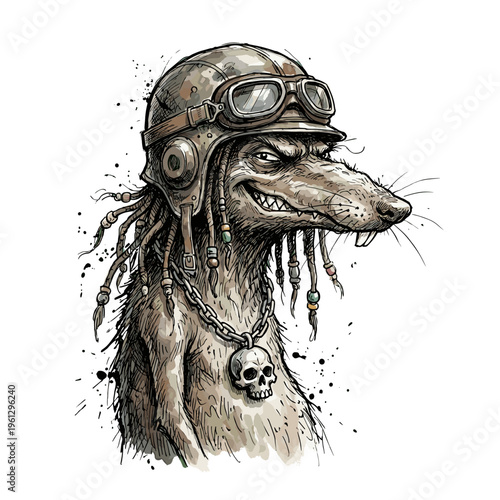 Cartoon rat wearing pilot helmet and goggles with dreadlocks  
