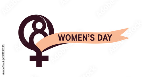 Modern Women's Day graphic featuring a purple female gender symbol and a peach ribbon banner for international holiday celebration.
