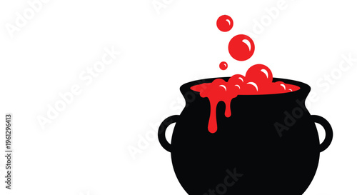 Halloween-themed black cauldron silhouette filled with a bubbling red liquid and rising red bubbles on a white background.