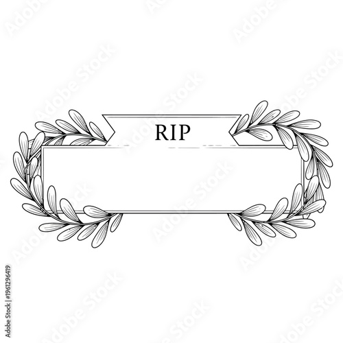 Black and white illustration of a memorial frame with a banner displaying "RIP" and decorative leaf wreaths.