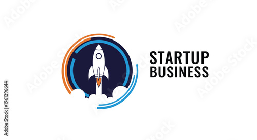 Dynamic startup business logo featuring a white rocket launching from clouds inside a colorful circular frame with tech elements.