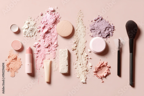 Elegant soft skincare and cosmetics arrangement showcasing beauty products. featuring a blend of soft skincare and cosmetics products arranged on a minimalist surface. Generative AI image