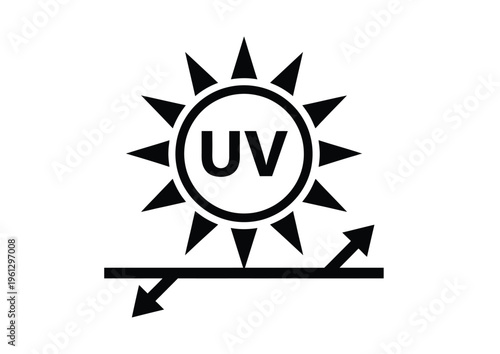 Black and white icon illustrating UV protection and reflection from the sun's rays on a surface, symbolizing sun safety.