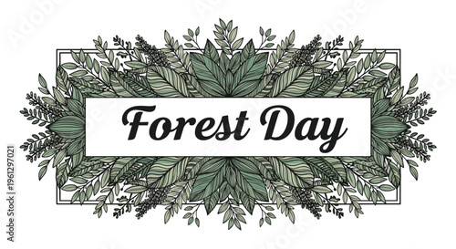 Decorative Forest Day banner featuring a dense frame of green leaves and branches with elegant script text in the center.