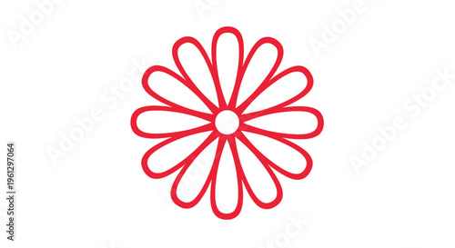 Minimalist red flower icon with twelve petals and a white center on a plain white background for a clean and modern design.