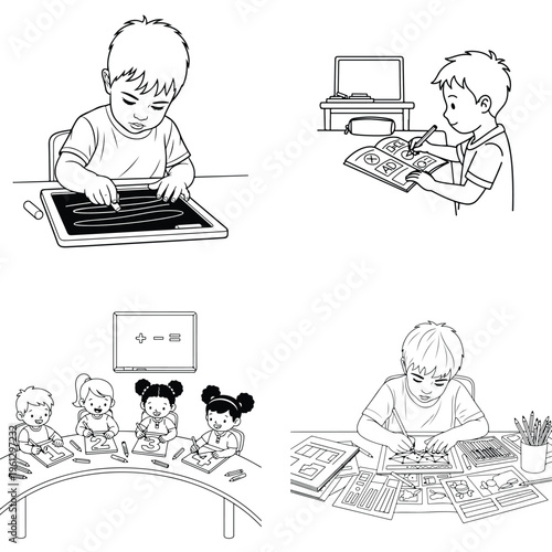 Children concentrating on learning at desks with books and educational aids with elementary school