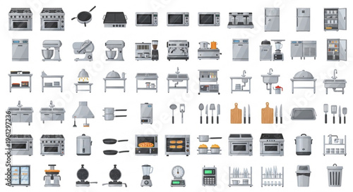 Commercial Kitchen Equipment, Restaurant Appliances, Stainless Steel, Catering Tools, Cooking Equipment Vector Set for Modern Food Service and Industrial Culinary Workspace