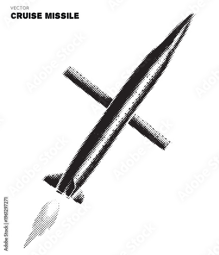 Cruise missile. Isolated element, ink handdrawn. Pointillism, dotted