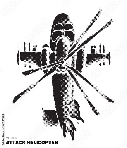 Damaged attack helicopter. Isolated vector element. Pointillism, dots