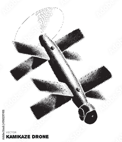Kamikaze drone. Isolated element, ink handdrawn. Pointillism, dotted