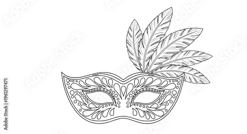 Elaborate masquerade mask with four feathers in a detailed black and white line art illustration for carnival or party theme.