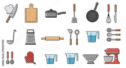 Collection of kitchen utensils and tools.