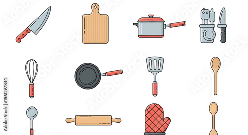 Kitchen utensils and cooking tools icons.