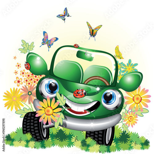 Cute and joyful eco-friendly ecological green car cartoon character looking very happy among flowers, butterflies and ladybugs. Original vector illustration