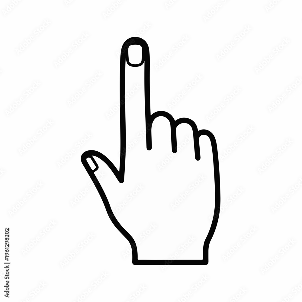 Obraz premium Minimalist hand cursor icon with pointing index finger, black outline human hand gesture vector, simple touch screen interaction symbol