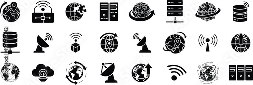 Global network and communication icon set with satellite, server, database, wifi, globe, cloud computing and connectivity technology vector symbols collection