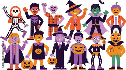 Collection of children in halloween costumes: skeleton, witch, vampire, ghost, pumpkin, skeleton, trick or treat