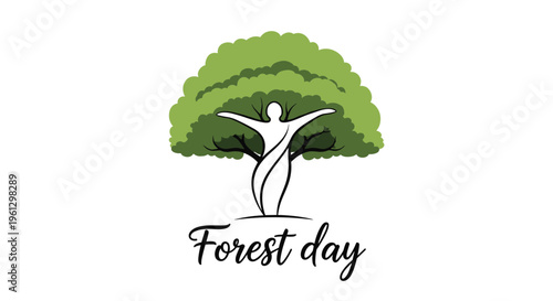 International Forest Day logo depicts a stylized white human figure integrated into a lush green tree canopy against a plain white background.