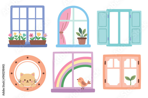 Decorative Window Frame Vector Collection, Cute House Window with Cat Rainbow and Bird Illustration, Pastel Interior Elements